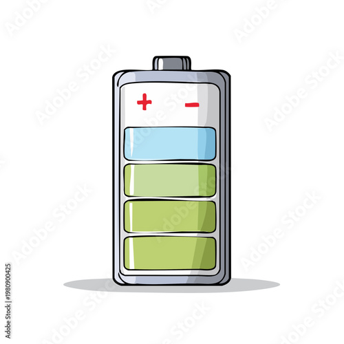 Illustration of a battery with a charge indicator showing low power and a plus and minus symbol