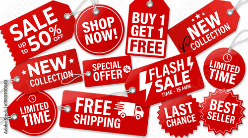 Red Promotional Tags Featuring Sale, Special Offers, Free Shipping And Limited Time Deals For Retail Shopping And Marketing Campaigns