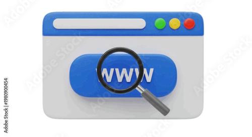 Vector illustration of 3d illustration of a web browser window with a magnifying glass over www on a transparent background