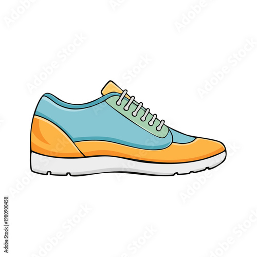 Fashionable athletic shoe with blue and orange color blocking and white laces
