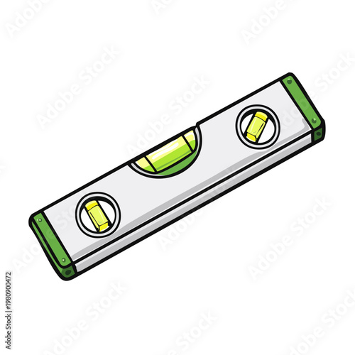 Cartoon illustration of a spirit level tool with green ends and yellow vials