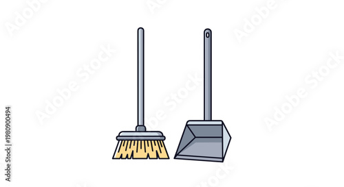 Simple illustration of a gray broom and matching dustpan set used for sweeping and keeping floors clean at home.