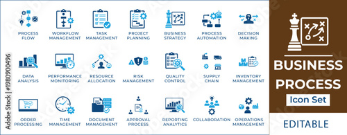 Business process icon set featuring strategic planning, workflow optimization, project management, supply chain, financial auditing, and automation symbols for corporate efficiency.