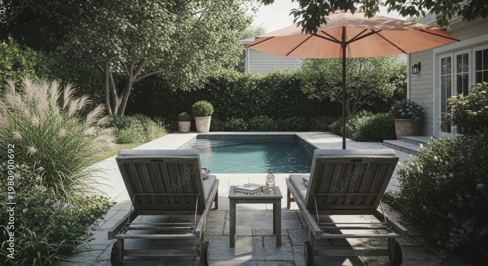 Obraz premium Tranquil backyard oasis a modern poolside retreat with lush greenery and relaxing lounge chairs
