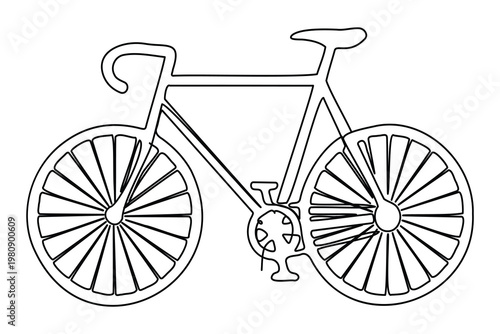 Bicycle one line art drawing of a road bike with detailed spokes and racing handlebars