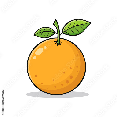 Fresh Orange Fruit with Green Leaves and Stem, Simple Cartoon Illustration