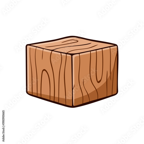 Simple Wooden Cube with Wood Grain Texture and Outline