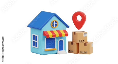 Vector illustration of 3d illustration of a small shop building with delivery boxes and location pin on a transparent background