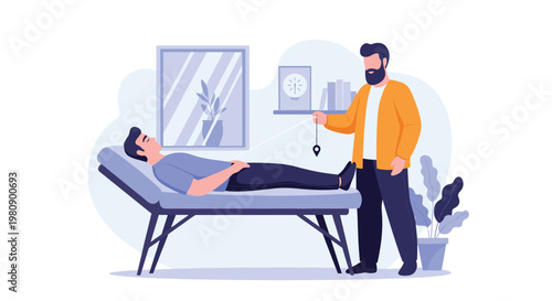 Therapist performing hypnosis on a patient lying on a medical couch using a pendulum in a calm clinical setting.