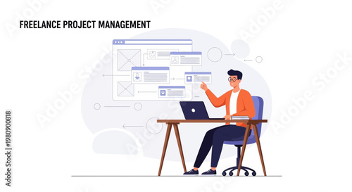 Freelance Project Management: Man working on laptop and project plan