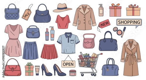 Large set of fashion items and shopping accessories including clothes, handbags, cosmetics, gift boxes, and a shopping cart.