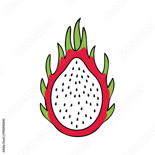Vibrant cross section of a dragon fruit showing white flesh and black seeds against a bright background
