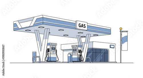Exterior view of a clean modern gas station with fuel pumps under a large canopy and a convenience store in the background.