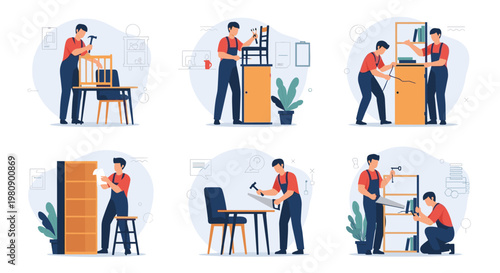 Skilled workers engaged in furniture assembly, repair, and woodworking tasks such as hammering, sawing, and measuring in a workshop.