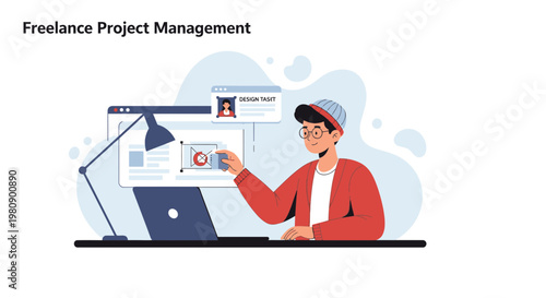 Freelance Project Management: Man Working on Laptop with Charts and Graphs