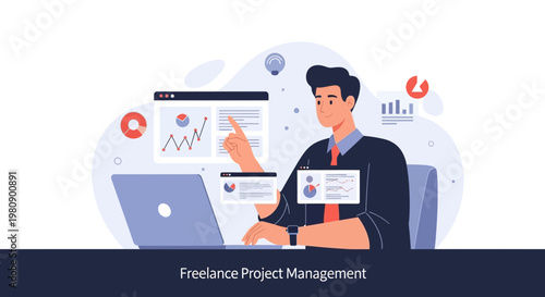 Freelance Project Management: Man working on laptop with charts and graphs