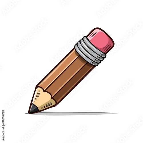 Simple brown pencil with pink eraser and metallic band isolated on a white background with shadow