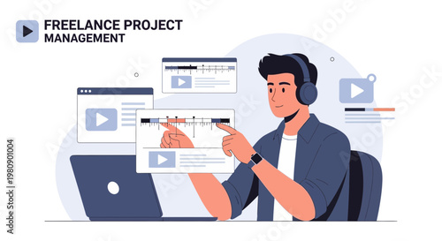 Freelance Project Management: Man Working on Laptop with Video Editing Software