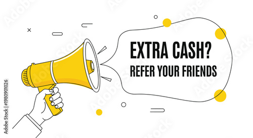 Creative marketing banner for a referral program featuring a hand holding a megaphone with text inviting people to refer friends for cash.