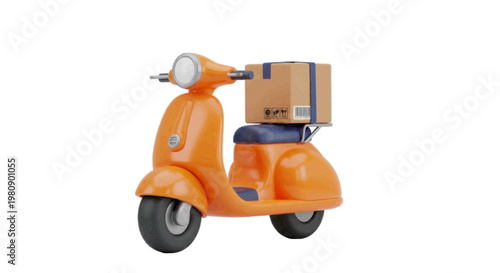 Vector illustration of 3d illustration of an orange delivery scooter with a cardboard box on a transparent background