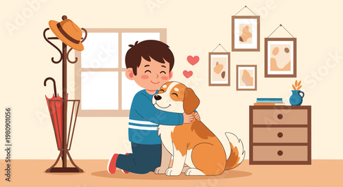 Heartwarming illustration of a young boy affectionately hugging his happy pet dog in a cozy living room setting with hearts.