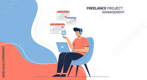 Freelance Project Management: Man Working Remotely with Calendar and Laptop