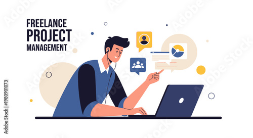Freelance Project Management: Man Working Remotely with Laptop and Communication Icons