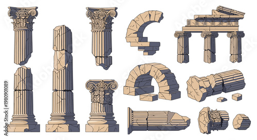 Detailed set of ancient Greek architectural ruins including Corinthian columns, broken arches, and various stone fragments.