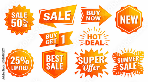 Bright Orange And Yellow Promotional Sale Badges Featuring Discounts, Buy One Get One, Hot Deals And Summer Shopping Offers