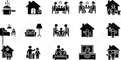 Black silhouette icons depicting family life home and leisure activities