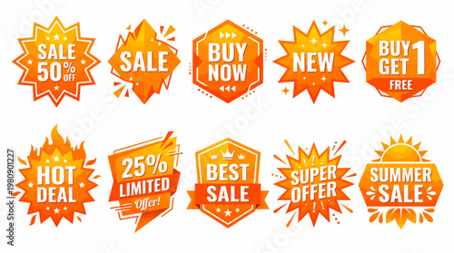 Bright Orange And Yellow Promotional Sale Badges Featuring Discounts, Buy One Get One, Hot Deals And Summer Shopping Offers