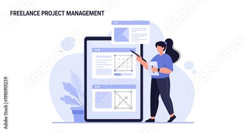 Freelance Project Management: Woman analyzing charts on tablet, business concept