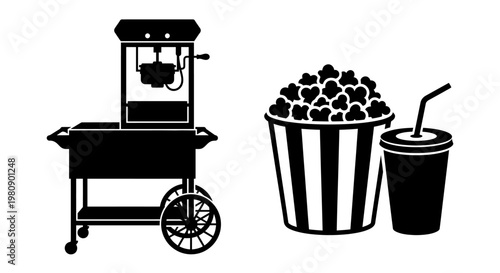 A black and white illustration of a popcorn machine popcorn and drink