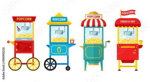 Colorful popcorn machines display fresh tasty snacks for a festive event
