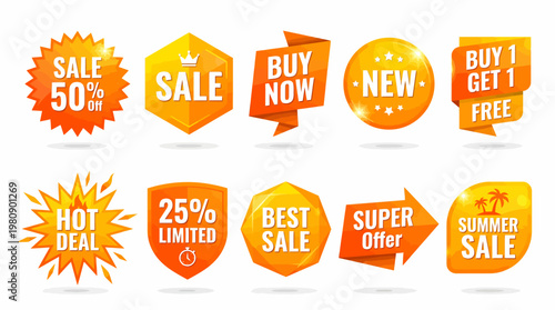 Bright Orange And Yellow Promotional Sale Badges Featuring Discounts, Buy One Get One, Hot Deals And Summer Shopping Offers