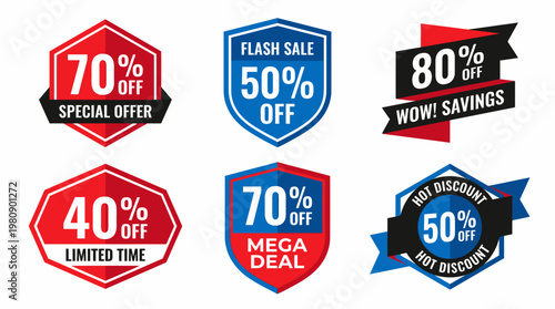 Colorful Sale Badges With Discount Percentages, Promotional Labels For Retail Marketing, Advertising Campaigns, Shopping Offers And Ecommerce Sales Events