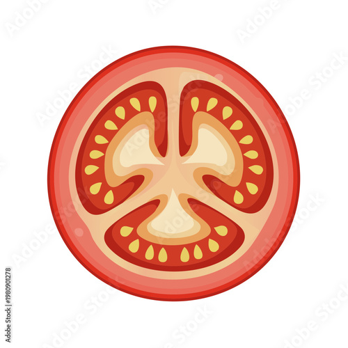 Brightly lit fresh tomato slice showcasing vibrant red flesh and seeds in a circular cut