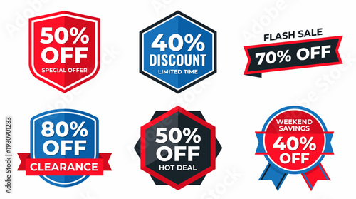 Colorful Sale Badges With Discount Percentages, Promotional Labels For Retail Marketing, Advertising Campaigns, Shopping Offers And Ecommerce Sales Events