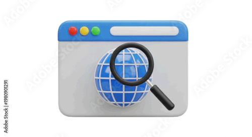 Vector illustration of 3d icon of a web browser window with a globe and a magnifying glass on a transparent background