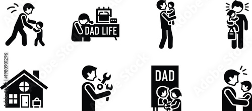 Fatherhood icons a collection of black silhouette illustrations depicting dad and child interactions