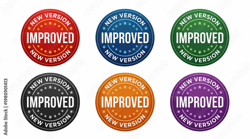 Fototapeta premium Glossy Colorful Badges Displaying New Version Improved Labels, Promotional Graphics For Product Updates, Software Releases And Marketing Campaigns