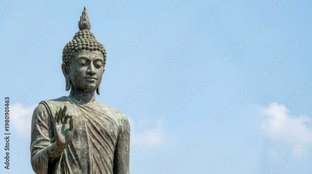 Obraz premium Bronze Buddha statue with raised hand against a bright blue sky sculpture religious