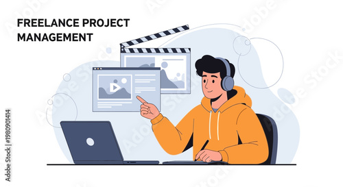 Freelance Project Management: Young man managing video projects on laptop