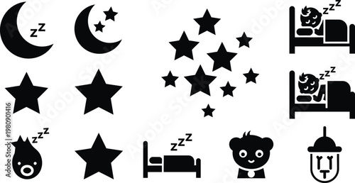 Black silhouette icons depicting sleep dreams and nighttime elements