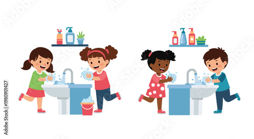 Group of diverse children happily washing their hands at sinks with soap and bubbles to maintain good hygiene habits.