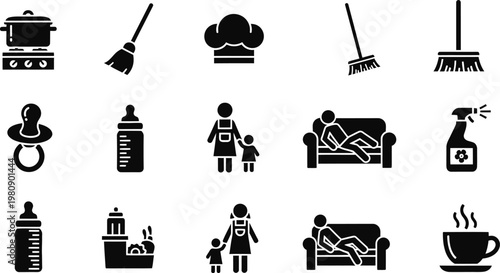Black silhouette icons representing domestic life and household chores