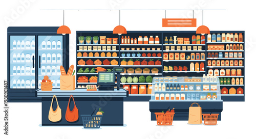 Flat illustration of a modern supermarket interior with neatly organized shelves filled with groceries, fruits, and dairy products.