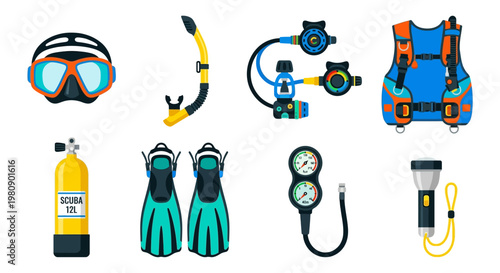 Colorful scuba diving equipment collection including mask fins and regulator