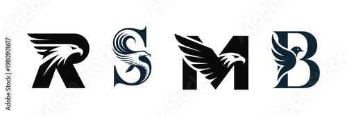 Set of four stylized letter logos with bird designs