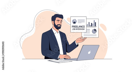 Freelancer presenting job interview charts on laptop screen, business concept